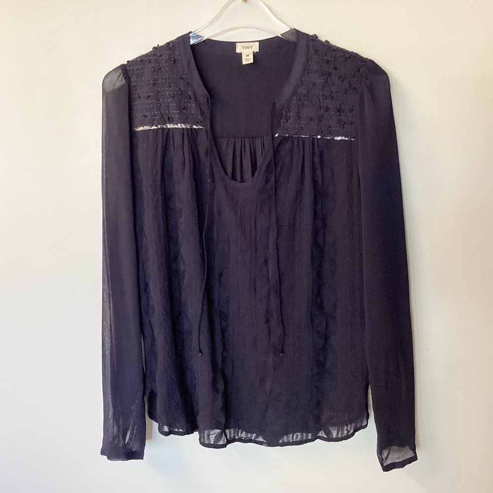 Anthropologie Paix Split Neck Embroidered Blouse by Tiny - Navy - M